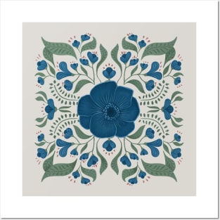 Blue Boho Symmetrical Floral Posters and Art